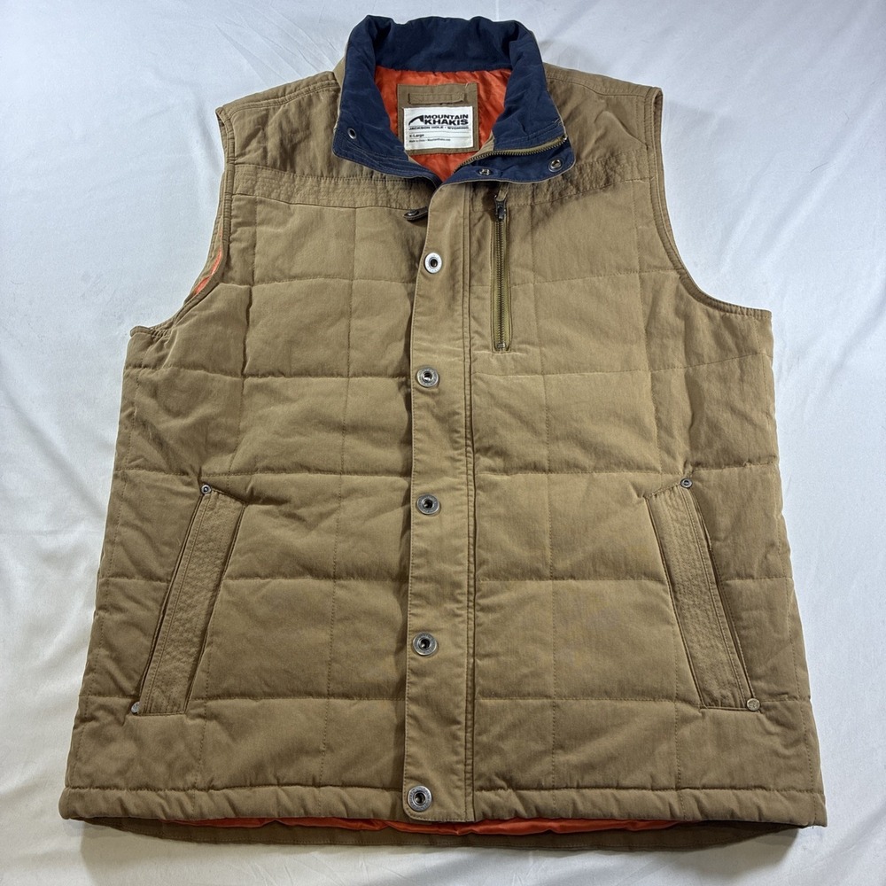 Mountain Khakis Mens Quilted Canvas Vest XL Brown Full Zip Snap Button Puffer